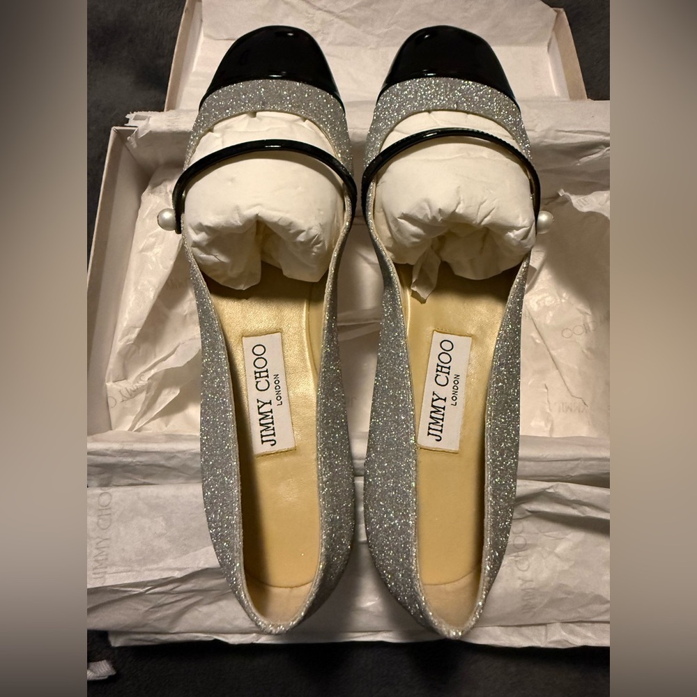 Jimmy Choo Glitter Silver and Black Elisa Flats - brand new - Picture 11 of 13